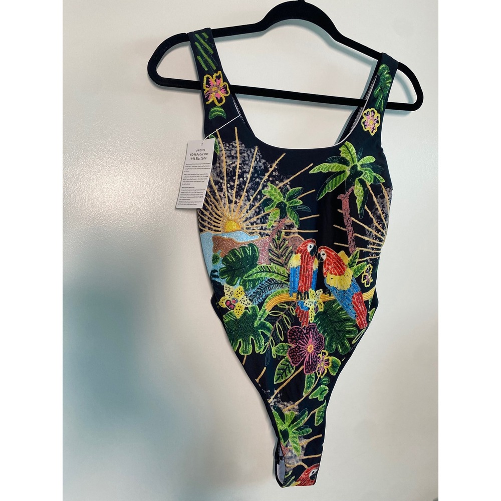 Women's One-Piece Swimsuit Small Black Tropical Parrot NWT High Cut Scoop Bold - Picture 2 of 11